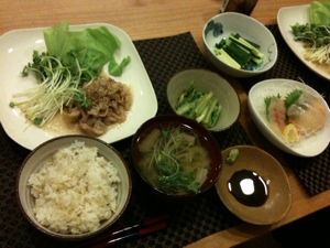 7月18日の夕飯、豚の生姜焼きとお刺身ともろきゅうと野菜のお浸し